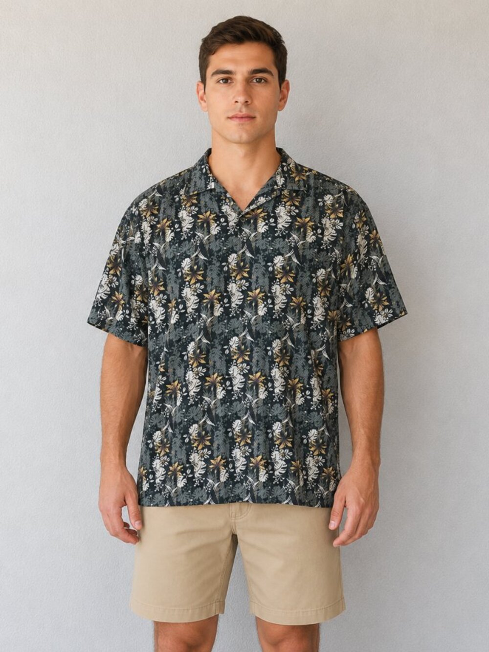 Natural Issue Worn Wash Men’s Hawaiian Floral Polo Shirt Black & Tan. Size XL
